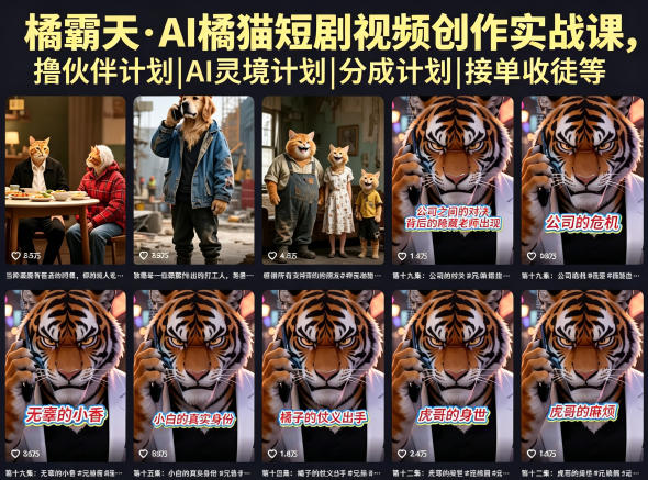 橘霸天·AI橘猫短剧视频创作实战课,撸伙伴计划|AI灵境计划|分成计划|接单收徒等-摇钱树
