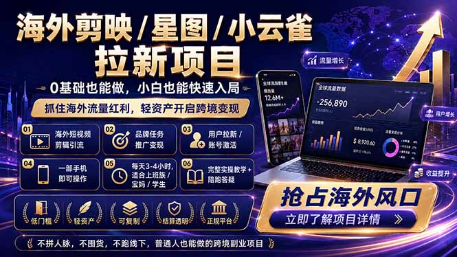 海外剪映 / 星图 / 小云雀拉新项目 普通人也能上手的跨境流量变现副业-摇钱树