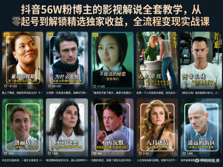 抖音56W粉博主的影视解说全套教学,从零起号到解锁精选独家收益,全流程变现实战课-摇钱树
