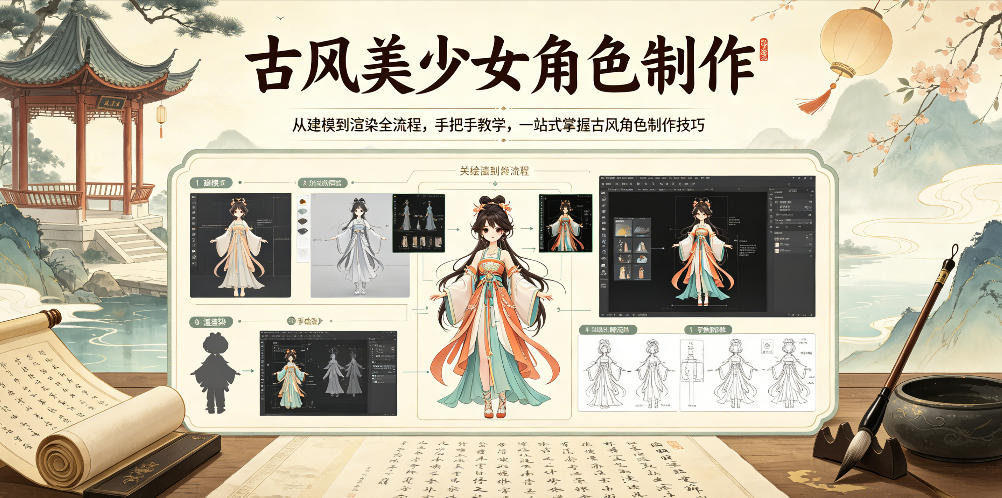 古风美少女角色制作,从建模到渲染全流程,手把手教学,一站式掌握古风角色制作技巧-摇钱树