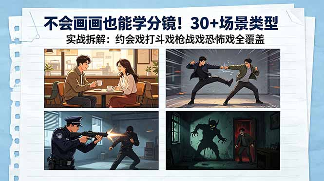 不会画画也能学分镜!30+场景类型实战拆解:约会戏打斗戏枪战戏恐怖戏全覆盖-摇钱树