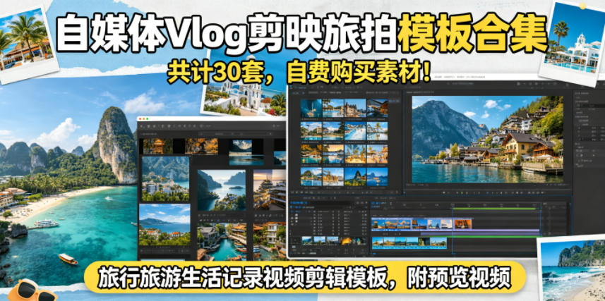 自媒体Vlog剪映旅拍模板合集,共计30套,自费购买素材!旅行旅游生活记录视频剪辑模板,附预览视频-摇钱树
