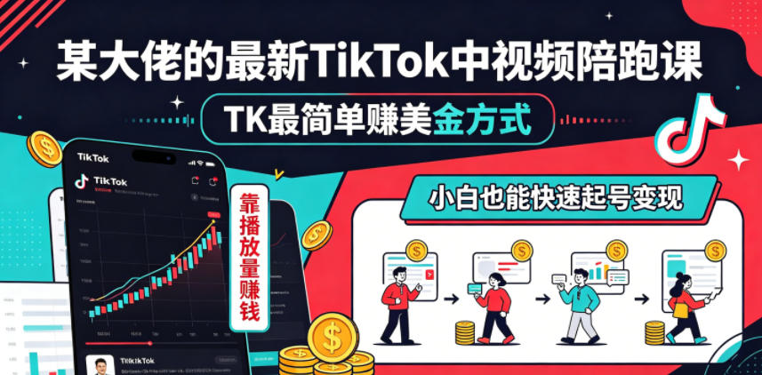 某大佬的最新TikTok中视频陪跑课,TK最简单賺美金方式,靠播放量賺钱,小白也能快速起号变现-摇钱树