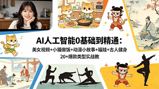 AI人工智能0基础到精通:美女视频+小猫做饭+动漫小故事+福娃+古人健身,20+爆款类型实战教学-钱眼网