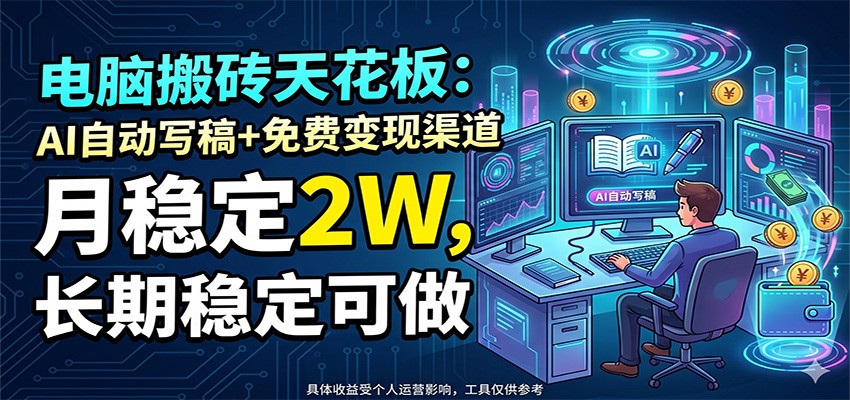电脑搬砖天花板：AI自动写稿+免费变现渠道，月稳定2W，长期稳定可做-钱眼网