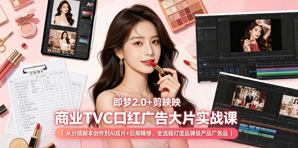 即梦2.0+剪映商业TVC口红广告大片实战课｜从分镜脚本创作到AI成片+后期精修，全流程打造品牌级产品广告-盈科项目资源网