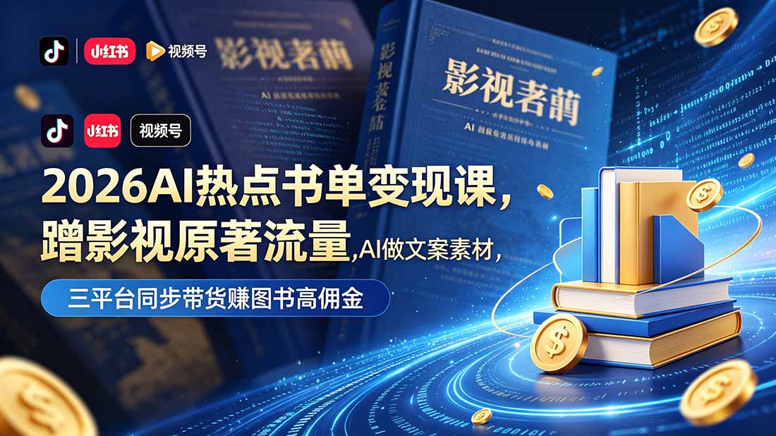 2026AI热点书单变现课，蹭影视原著流量，AI做文案素材，三平台同步带货赚图书高佣金-摇钱树