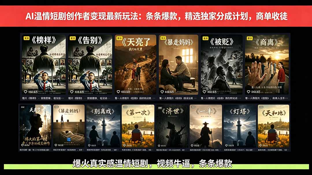 AI温情短剧创作者变现最新玩法：视频牛逼，条条爆款，精选独家分成计划，商单收徒-盈科项目资源网