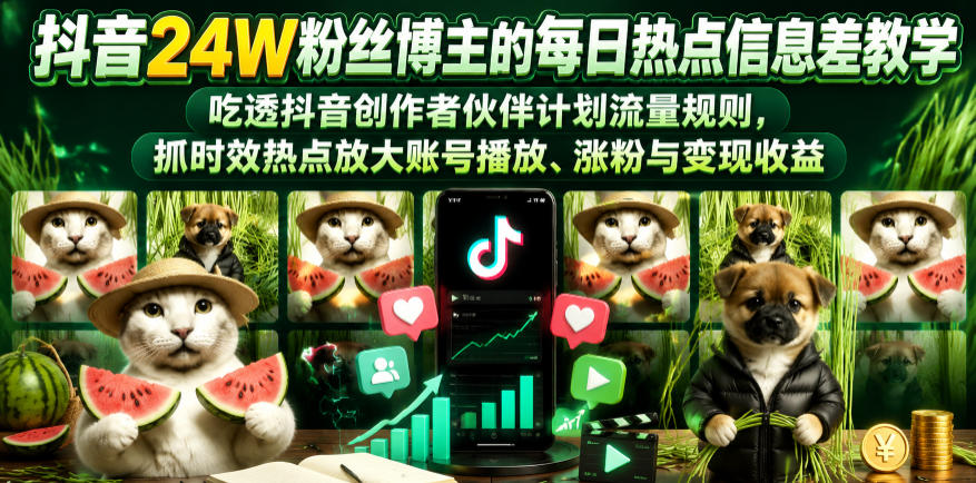 抖音24W粉丝博主的每日热点信息差教学，吃透创作者伙伴计划流量规则，抓时效热点放大账号播放、涨粉与变现收益-摇钱树