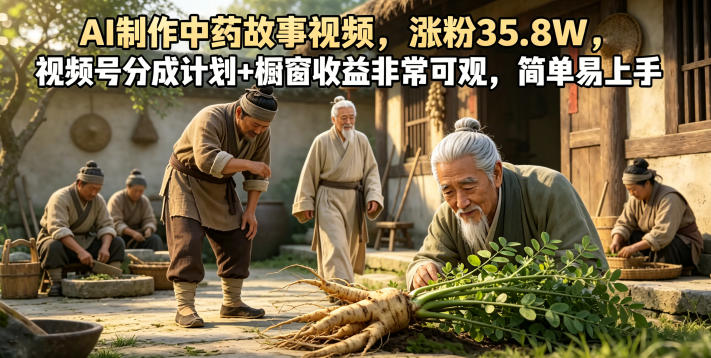 AI制作中药故事视频,涨粉35.8W,视频号分成计划+橱窗收益非常可观,简单易上手-摇钱树
