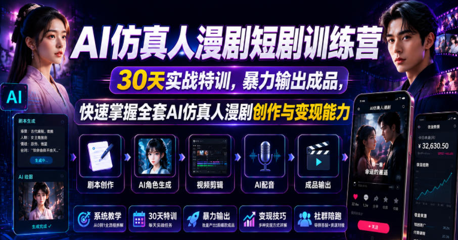 AI仿真人漫剧短剧训练营，30天实战特训，暴力输出成品，快速掌握全套AI仿真人漫剧创作与变现能力-摇钱树