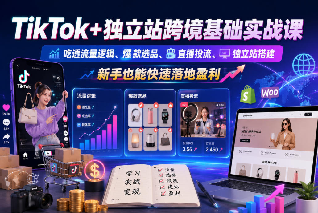 TikTok+独立站跨境基础实战课,吃透流量逻辑、爆款选品、直播投流与独立站搭建,新手也能快速落地盈利-好学创业资源