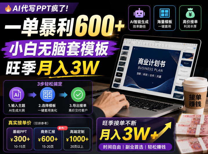 AI代写PPT疯了!一单暴利600+,小白无脑套模板,旺季月入3W,不用苦哈哈引流【揭秘】-创业攻略