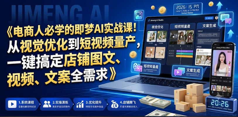 电商人必学的即梦AI实战课!从视觉优化到短视频量产,一键搞定店铺图文、视频、文案全需求-好学创业资源
