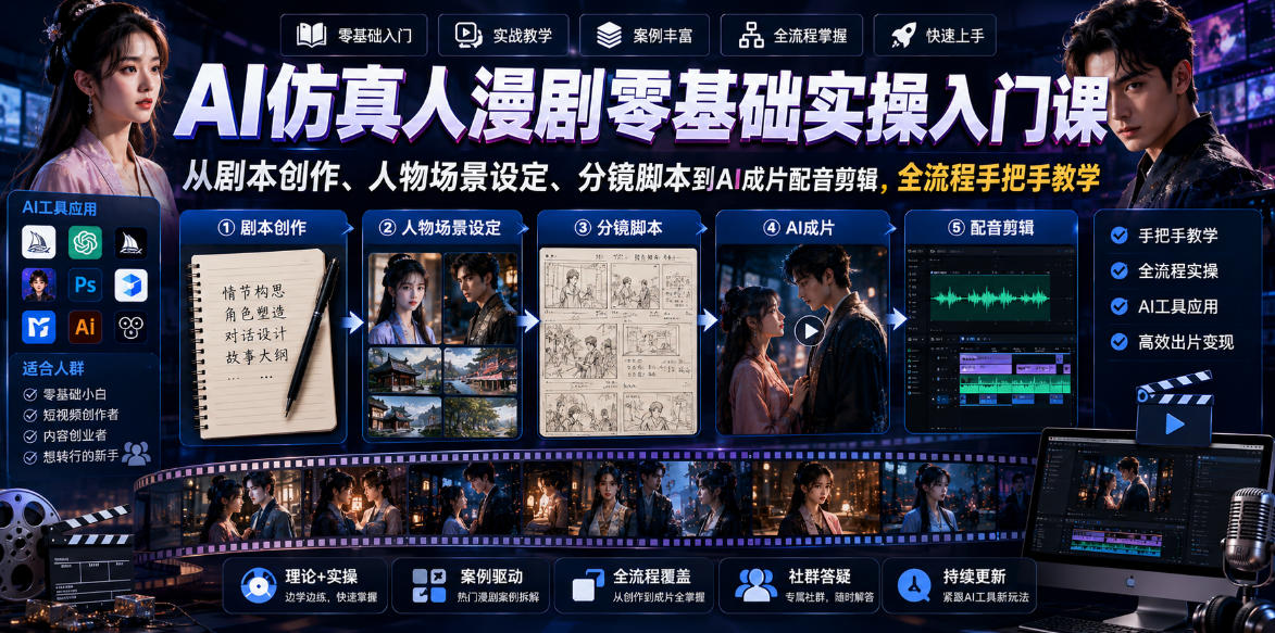 AI仿真人漫剧零基础实操入门课,从剧本创作、人物场景设定、分镜脚本到AI成片配音剪辑,全流程手把手教学-摇钱树