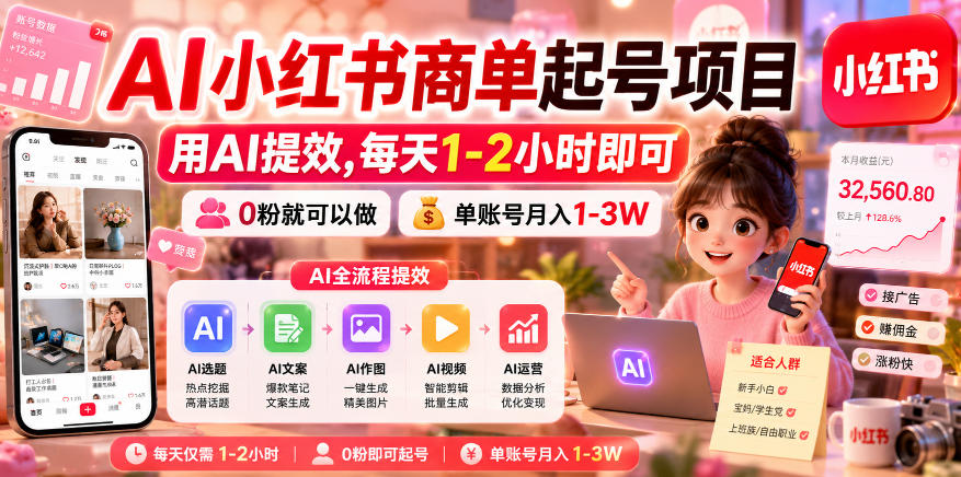 AI小红书商单起号项目，用AI提效,每天1-2小时即可，0粉就可以做，单账号月入1-3W-好学创业资源