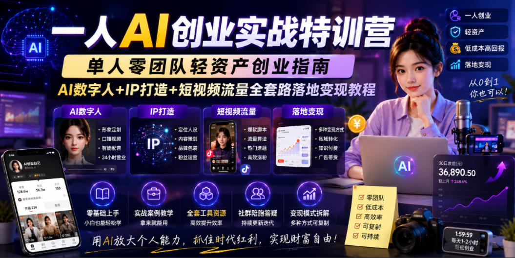 一人AI创业实战特训营,单人零团队轻资产创业指南,AI数字人+IP打造+短视频流量全套路落地变现教程-钱眼网