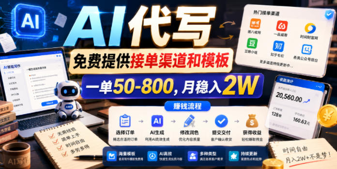 AI代写，免费提供接单渠道和模板，一单50-800，月稳入2W【揭秘】-摇钱树