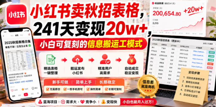 小红书卖秋招表格,241天变现20w+,小白可复刻的信息搬运工模式-摇钱树