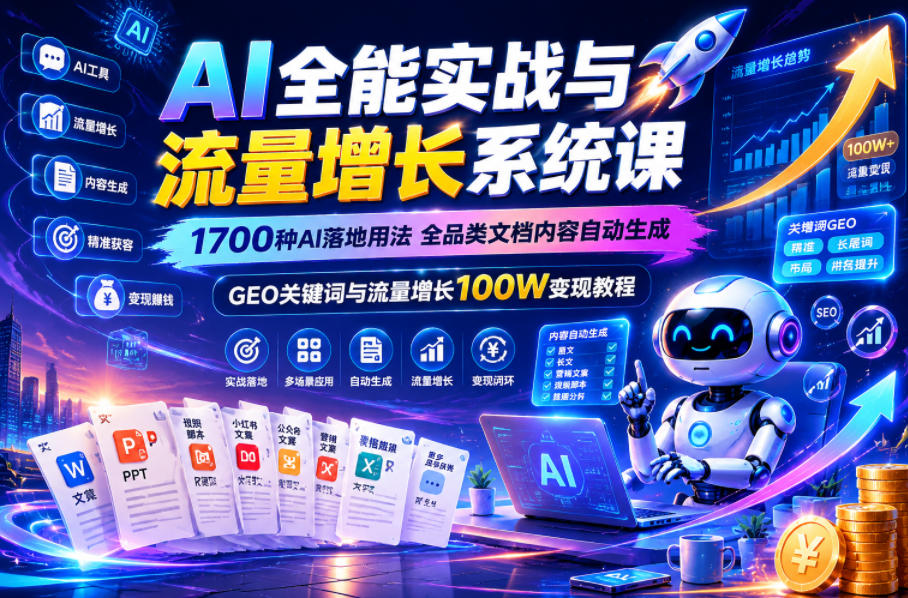 AI全能实战与流量增长系统课，1700种AI落地用法，全品类文档内容自动生成，GEO关键词与流量增长100W变现教程-摇钱树