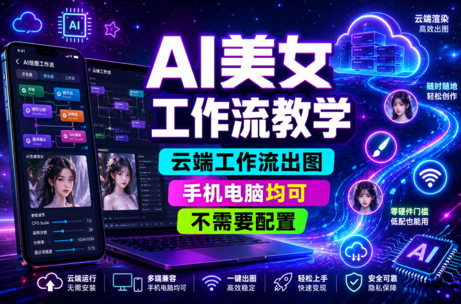 AI美女工作流教学,云端工作流出图,手机电脑均可,不需要配置,快速起号涨粉-好学创业资源