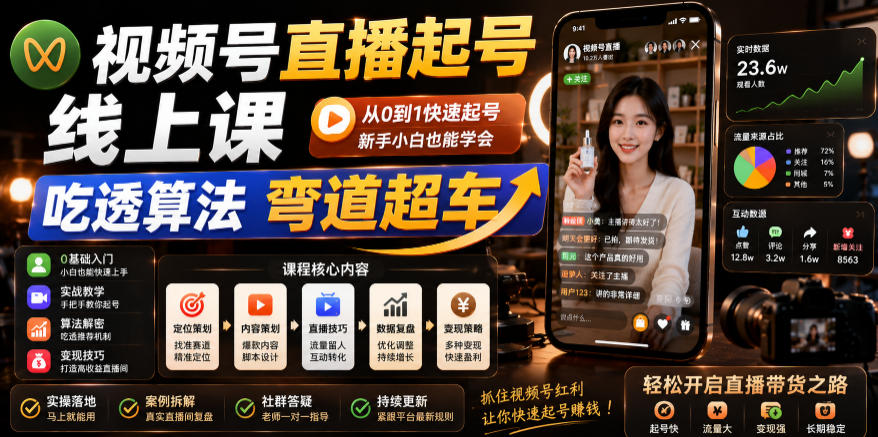 视频号直播起号线上课,吃透算法弯道超车(2026年6月)-摇钱树