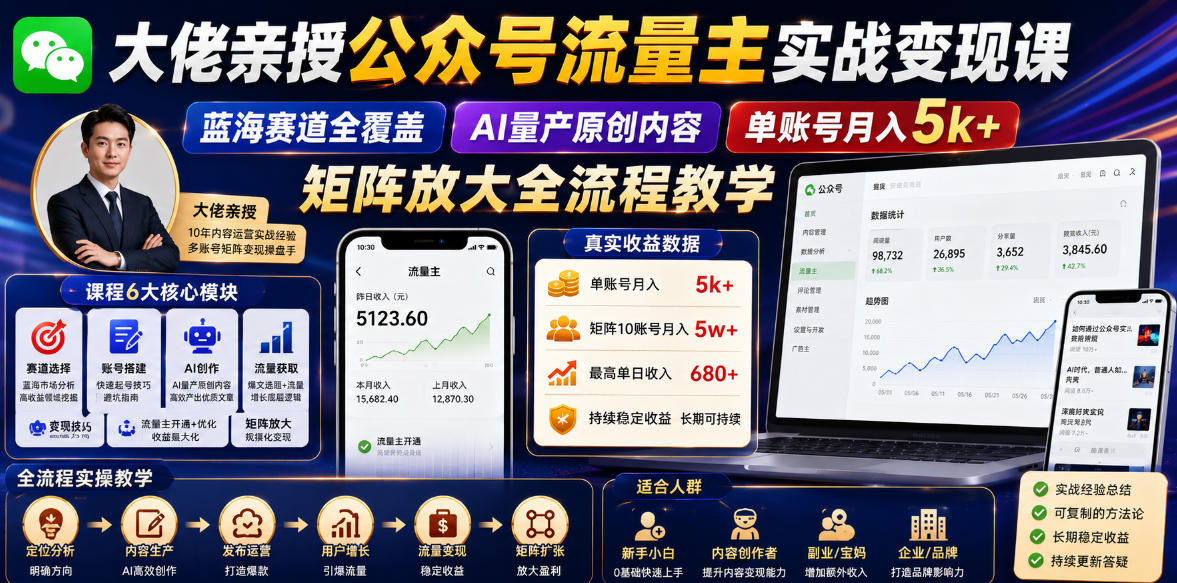 大佬亲授公众号流量主实战变现课,蓝海赛道全覆盖,AI量产原创内容,单账号月入5k+矩阵放大全流程教学-摇钱树