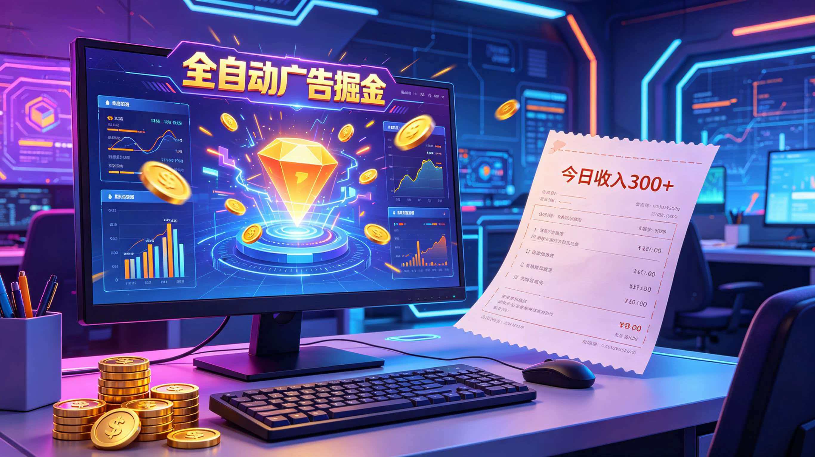 全自动广告掘金，日入300+。全程Ai自动化运行，解放双手，时间自由。收益稳定-摇钱树