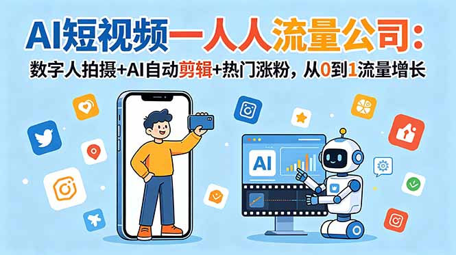 AI短视频一人流量公司:数字人拍摄+AI自动剪辑+热门涨粉,从0到1流量增长-摇钱树