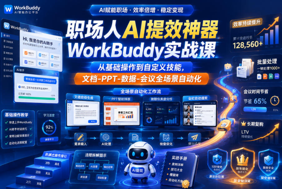 职场人AI提效神器WorkBuddy实战课，从基础操作到自定义技能，文档-PPT-数据-会议全场景自动化-摇钱树