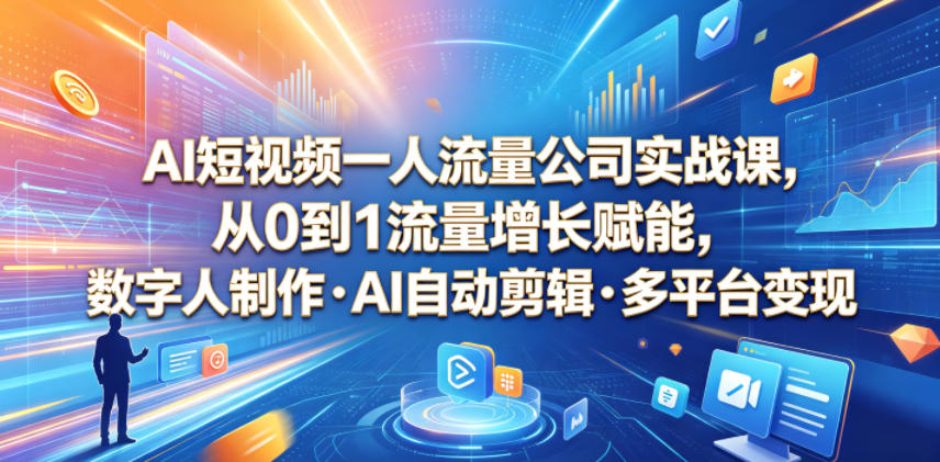 AI短视频一人流量公司实战课,从0到1流量增长赋能,数字人制作・AI自动剪辑・多平台变现,一人做流量生意全落地教程-摇钱树