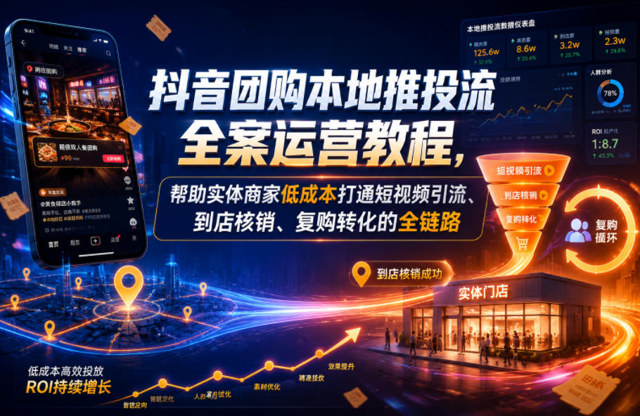 抖音团购本地推投流全案运营教程，帮助实体商家低成本打通短视频引流、到店核销、复购转化的全链路-摇钱树