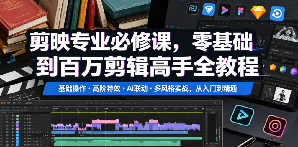 剪映专业必修课，零基础到百万剪辑高手全教程，基础操作・高阶特效・AI联动・多风格实战，从入门到精通-摇钱树