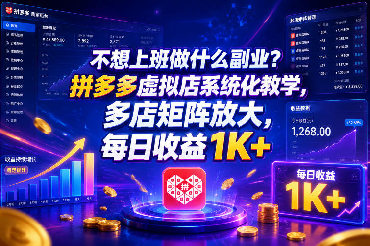 不想上班做什么副业?拼多多虚拟店系统化教学,多店矩阵放大,每日收益1K+【揭秘】-摇钱树