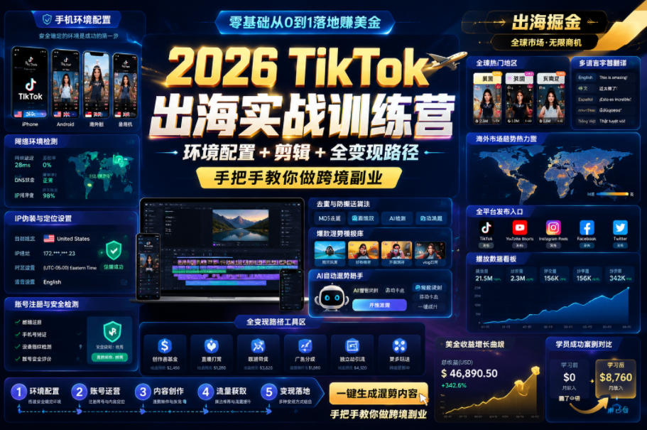 2026 TikTok出海实战训练营,环境配置 + 剪辑 + 全变现路径,手把手教你做跨境副业-摇钱树