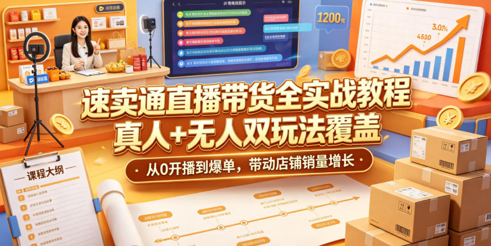 速卖通直播带货全实战教程,真人+无人双玩法覆盖,从0开播到爆单,带动店铺销量增长-摇钱树