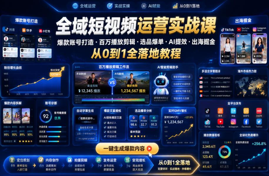 全域短视频运营实战课,爆款账号打造・百万播放剪辑・选品爆单・AI提效・出海掘金,从0到1全落地教程-摇钱树
