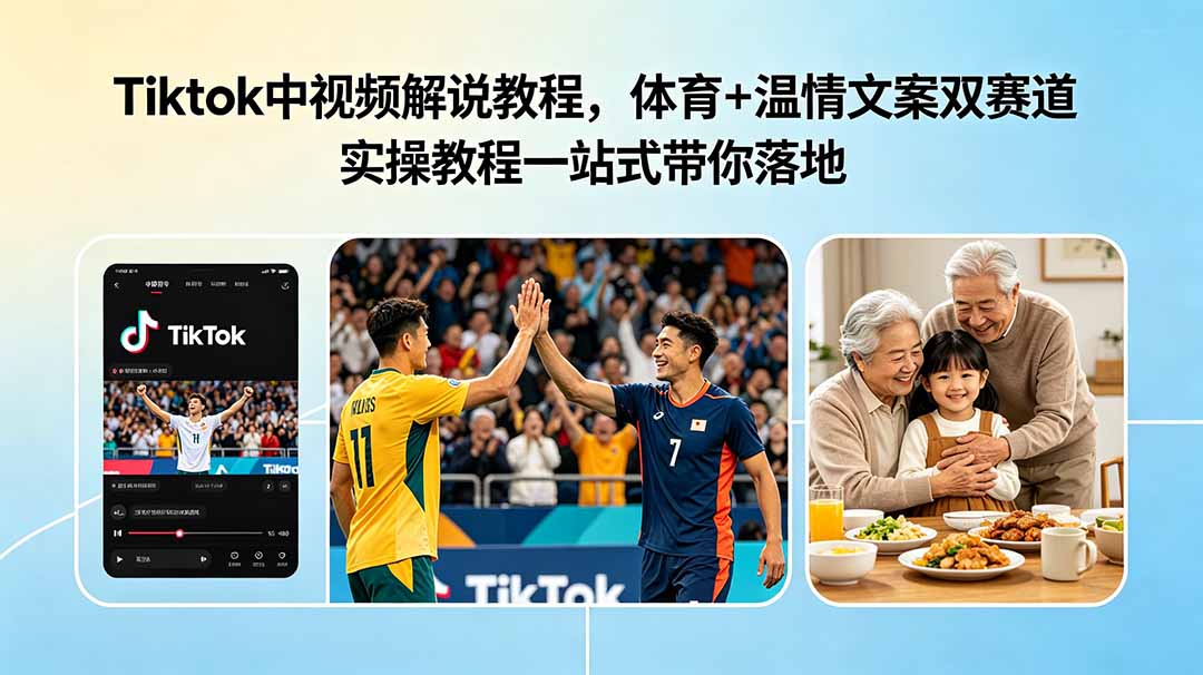 Tiktok中视频解说教程,体育+温情文案双赛道实操教程一站式带你落地-摇钱树