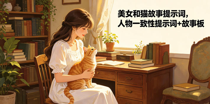 美女和猫故事提示词,人物一致性提示词+故事板-摇钱树