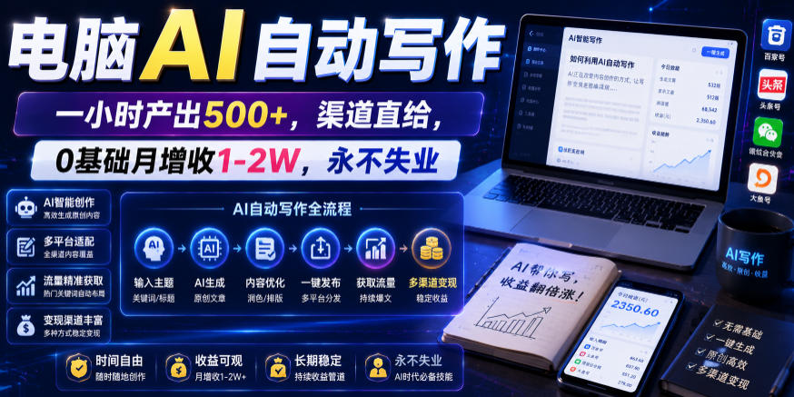 电脑AI自动写作，一小时产出500+，渠道直给，0基础月增收1-2W，永不失业【揭秘】-摇钱树