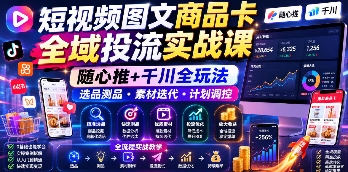 短视频图文商品卡全域投流实战课,随心推+千川全玩法,选品测品・素材迭代・计划调控,提升ROI爆单增收教程-摇钱树