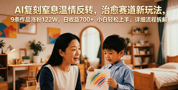 AI复刻窒息温情反转,治愈赛道新玩法,9条作品涨粉122W,日收益700+ 小白轻松上手,详细流程拆解-摇钱树