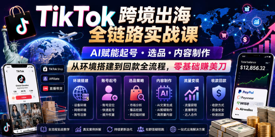 TikTok跨境出海全链路实战课，AI赋能起号・选品・内容制作，从环境搭建到回款全流程，零基础賺美刀-轻创驿站