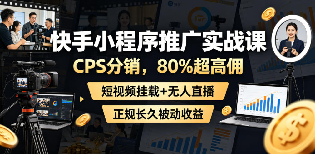 快手小程序推广实战课,CPS分销,80%超高佣,短视频挂载+无人直播,正规长久被动收益-摇钱树