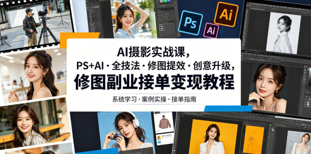 AI摄影实战课,PS+AI・全技法・修图提效・创意升级,修图副业接单变现教程-创盈汇聚