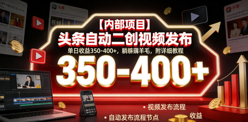 【内部项目】头条自动二创视频发布,单日收益350-400+,躺賺薅羊毛,附详细教程【揭秘】-摇钱树