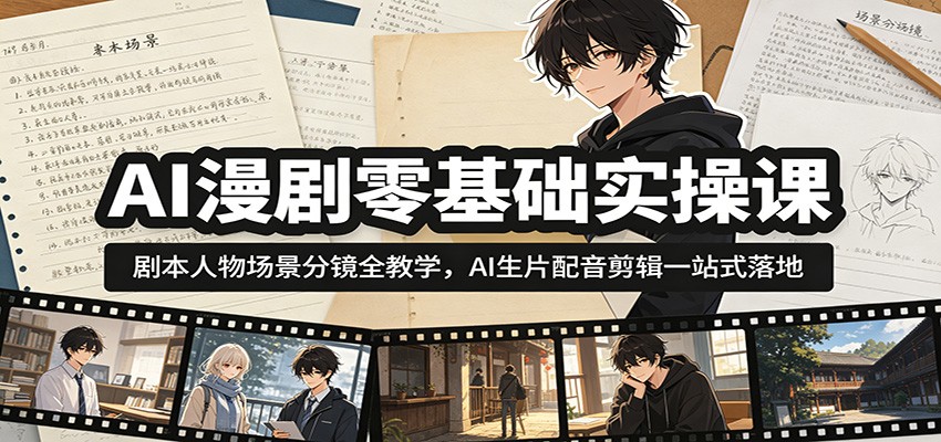 AI漫剧零基础实操课:剧本人物场景分镜全教学,AI生片配音剪辑一站式落地-创盈汇聚