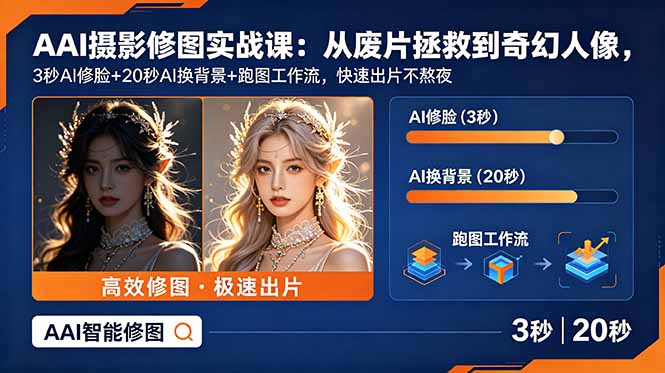 AI摄影修图实战课：从废片拯救 到 奇幻人像，3秒AI修脸+20秒AI换背景+跑图工作流，快速出片不熬夜-创业攻略