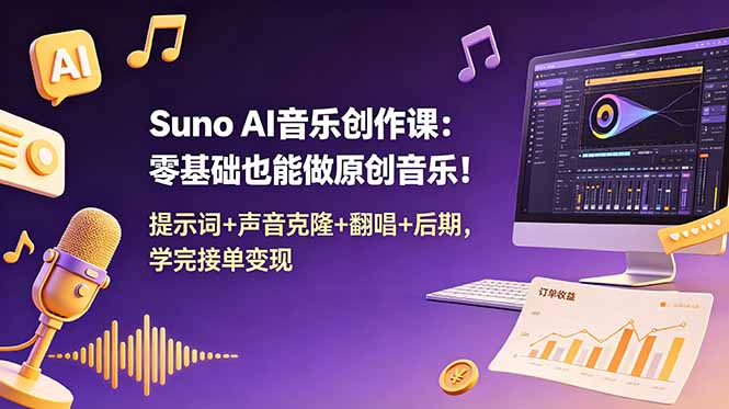 Suno AI音乐创作课:零基础也能做原创音乐!提示词+声音克隆+翻唱+后期,学完接单变现-好学创业资源