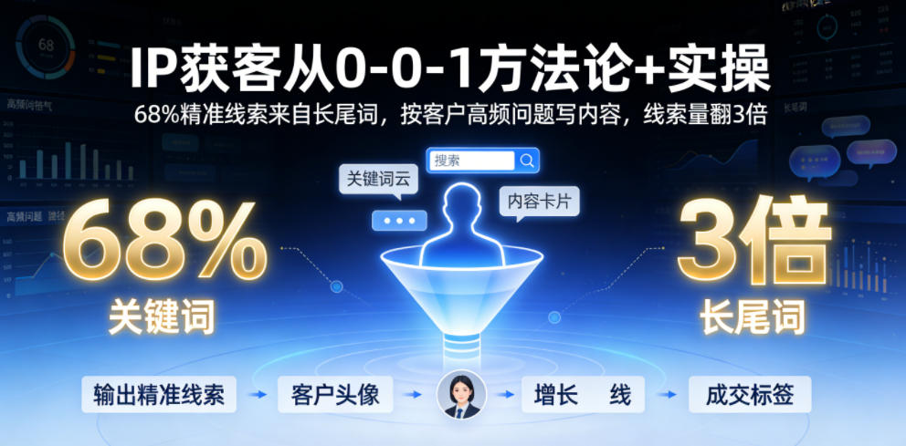 IP获客从0-1方法论+实操，68%精准线索来自长尾词，按客户高频问题写内容，线索量翻3倍-摇钱树